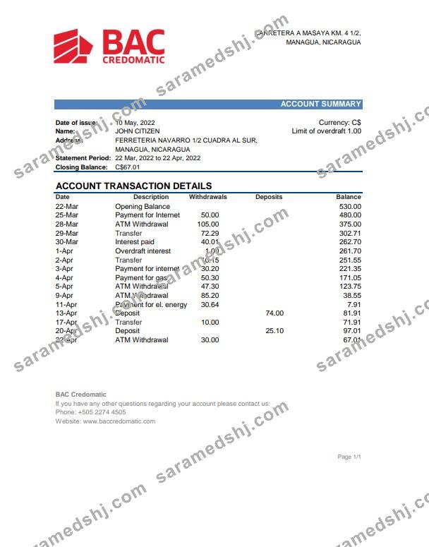 Nicaragua BAC Credomatic bank statement Excel and PDF template
